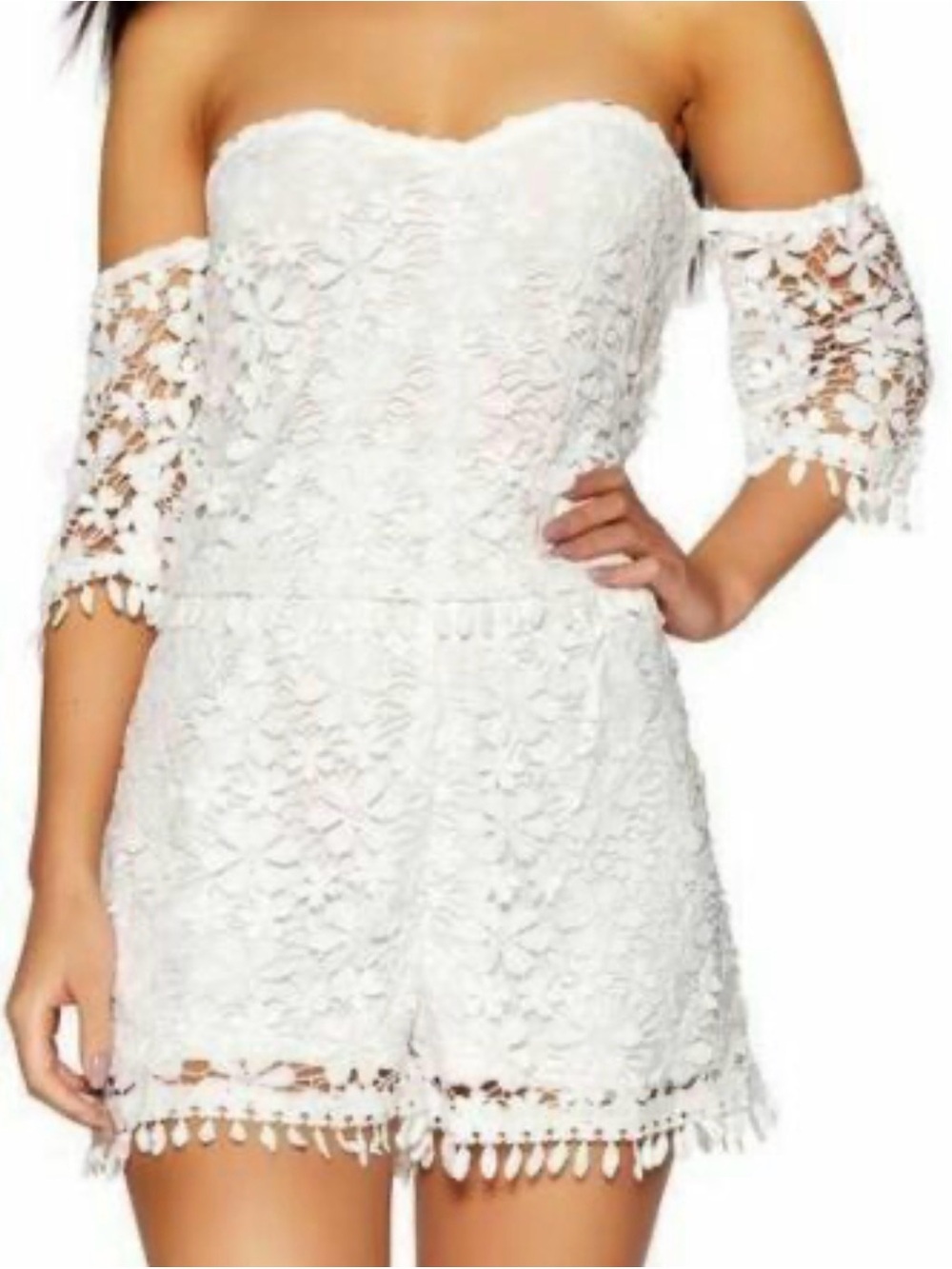 Boohoo White Lace Off-Shoulder Romper